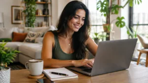 mulher trabalhando no notebook em casa para ter renda extra pela internet