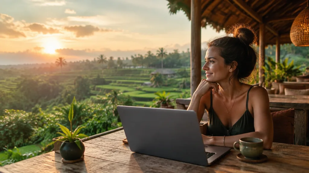 nômade digital trabalhando no notebook em Bali com renda extra pela internet
